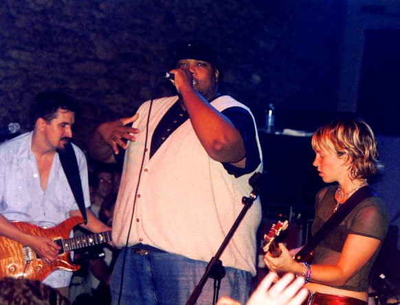 Wayne Sutton (left) and Patrice Pike of Sister 7 (right) and Don Robinson of M.C. Overlord (center) at Steamboat 1874 on Sixth Street, Austin, Texas